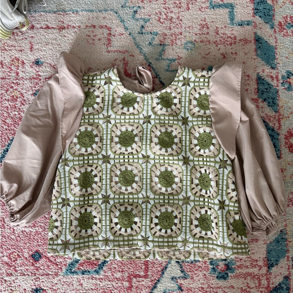 Puff-Sleeve Crochet Panel Blouse in Beige and Light Blue - Picture 2 of 4